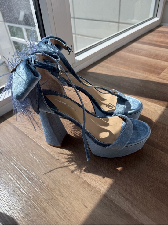 ANTONIO MELANI Sky Blue Velvet Platform Heels with Feather Bow